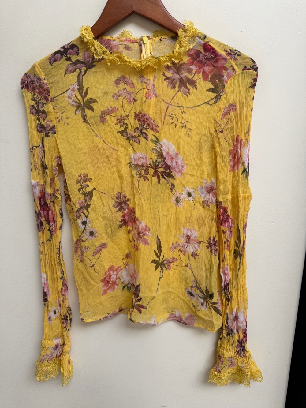 The Kooples Yellow Floral Lace-Trim Long Sleeve Top